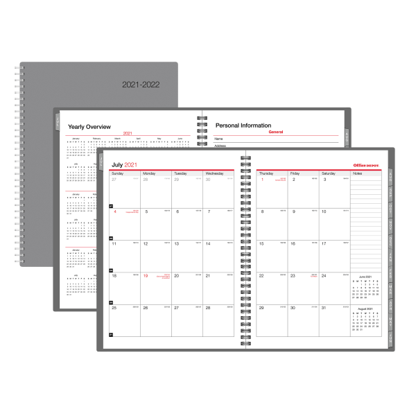 slide 1 of 1, Office Depot Brand Monthly Academic Planner, 8-1/2'' X 11'', 30% Recycled, Gray, July 2021 To June 2022, 1 ct