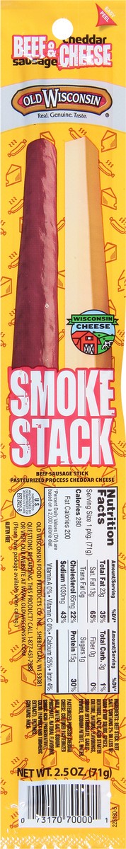 slide 3 of 9, Old Wisconsin Smoke Stack Cheddar Cheese Beef Sausage Stick 2.5 oz, 2.5 oz