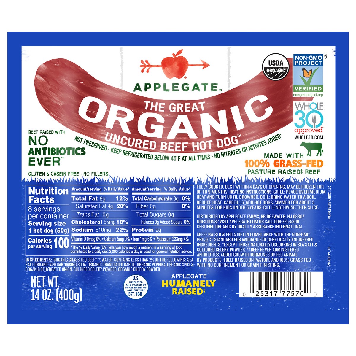 slide 1 of 7, Applegate Hot Dog, 14 oz