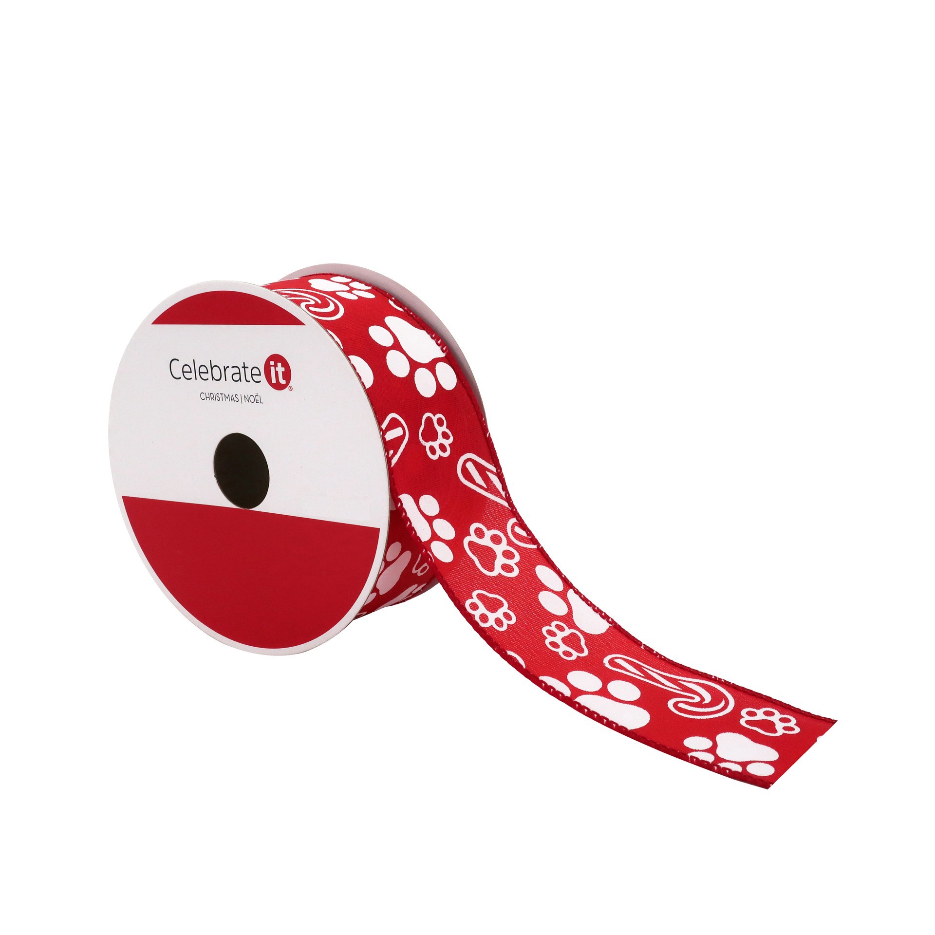 slide 2 of 3, 1.5" X 30ft. Red & White Paw Prints Wired Ribbon By Celebrate It, 1.5 in x 30 ft