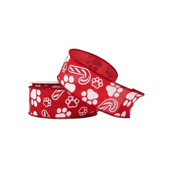 slide 1 of 3, 1.5" X 30ft. Red & White Paw Prints Wired Ribbon By Celebrate It, 1.5 in x 30 ft