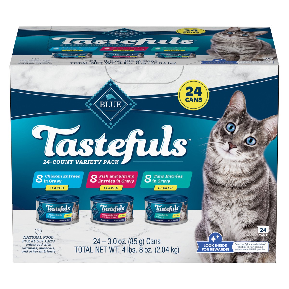 slide 1 of 13, Blue Buffalo Natural Flaked Wet Cat Food Variety Pack, Tuna, Chicken and Fish & Shrimp Entrées in Gravy 3-oz Cans (24 Count), 24 ct