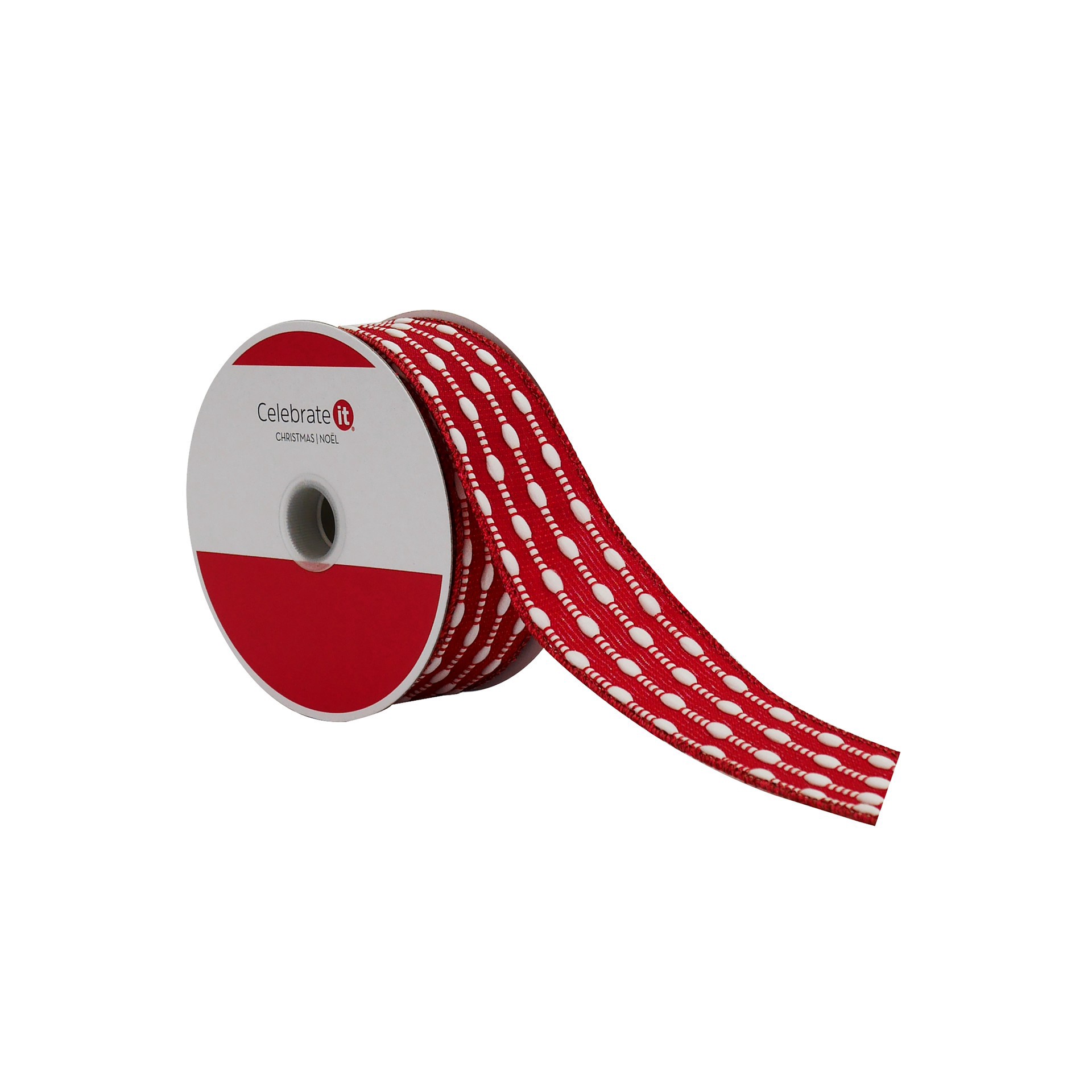 slide 3 of 3, 1.5" X 25ft. Red & White Stitch Wired Ribbon By Celebrate It, 1.5 in x 25 ft