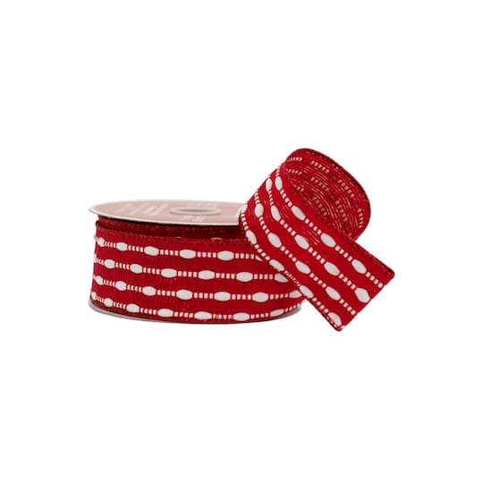 slide 1 of 3, 1.5" X 25ft. Red & White Stitch Wired Ribbon By Celebrate It, 1.5 in x 25 ft