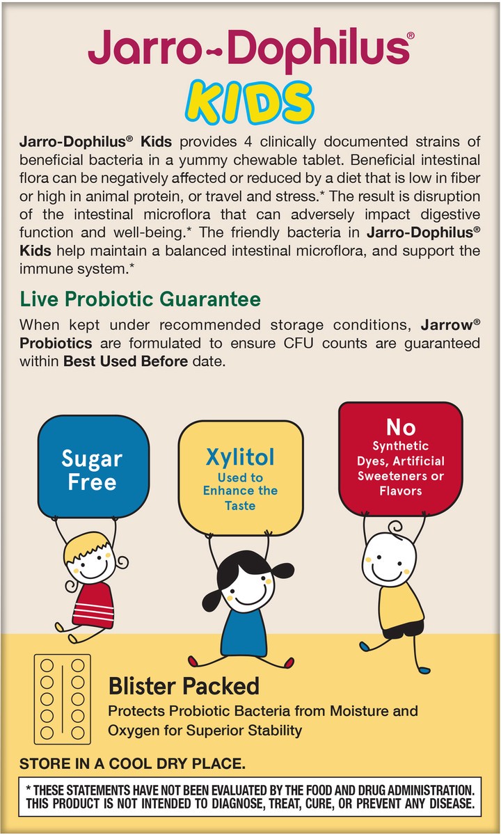 slide 6 of 7, Jarrow Formulas Jarro-Dophilus Kids Probiotics & Prebiotic, Natural Raspberry Flavor 60 Chewable Tablets - Supports Intestinal & Immune Health - 1 Billion CFU - Sugar Free, 60 ct