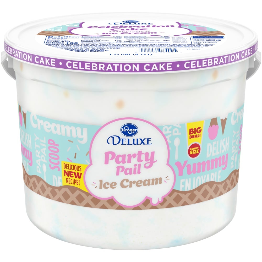 slide 1 of 1, Kroger Deluxe Churned Party Pail Celebration Cake Ice Cream, 1.25 gal