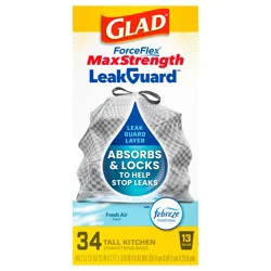 Glad ForceFlex MaxStrength LeakGuard Tall Kitchen Drawstring Bags, 13 Gallon, Fresh Air, 34 Count