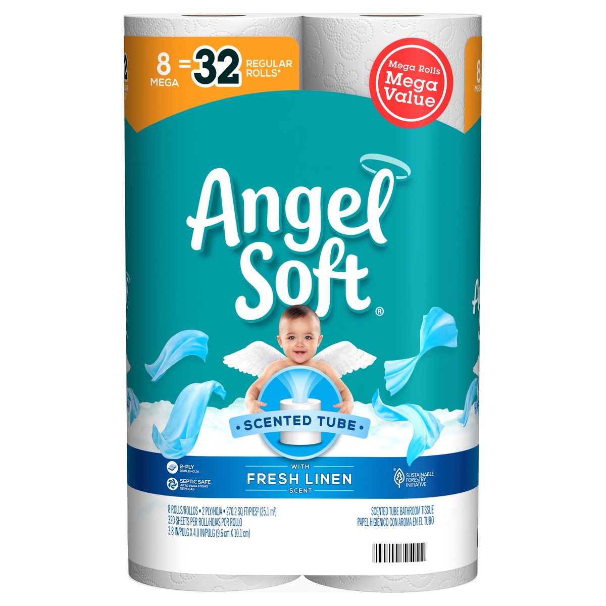 slide 1 of 6, Angel Soft Toilet Paper With Fresh Linen Scented Tube, 8 Mega Rolls, 270.20 FTK
