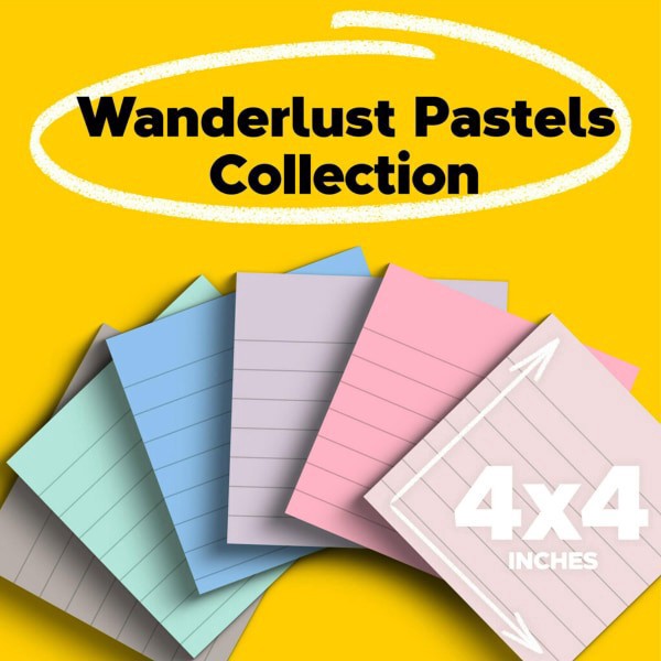slide 8 of 9, Post-It Paper Super Sticky Notes, 420 Total Notes, Pack Of 6 Pads, 4"" X 4"", 100% Recycled, Wanderlust Pastels, 70 Sheets Per Pad, 6 ct