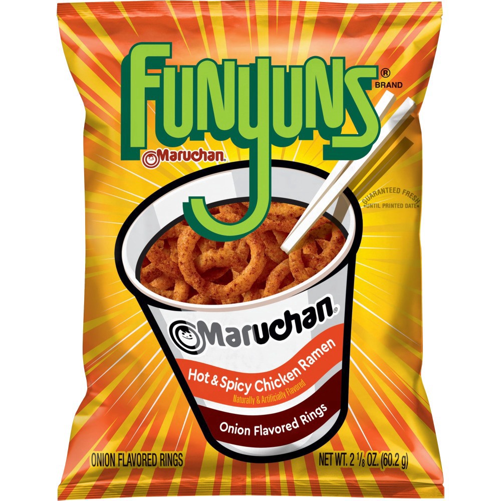 slide 1 of 2, Funyuns Onion Flavored Rings Hot & Spicy Chicken Ramen 2 1/8 OZ, 2.12 oz