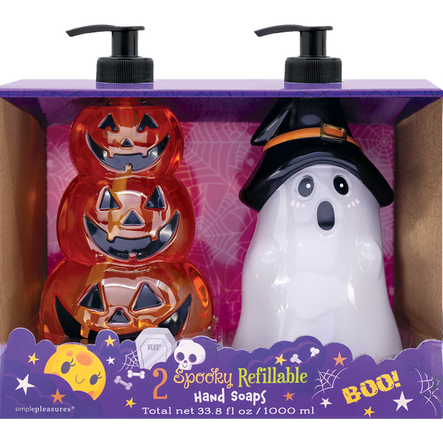 slide 1 of 1, SIMPLE PLEASURES 2 Halloween Refillable Hand Soaps Pumpkin & Ghost, 16.9 oz