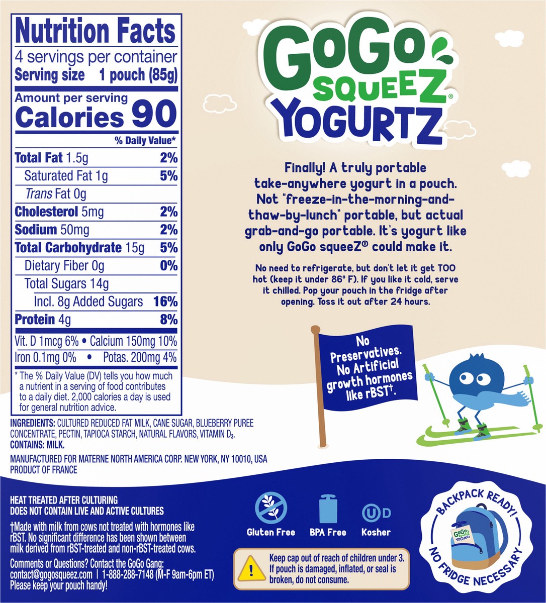 slide 11 of 11, GoGo squeeZ Low Fat Blueberry Yogurtz 4 - 3 oz Pouches, 4 ct