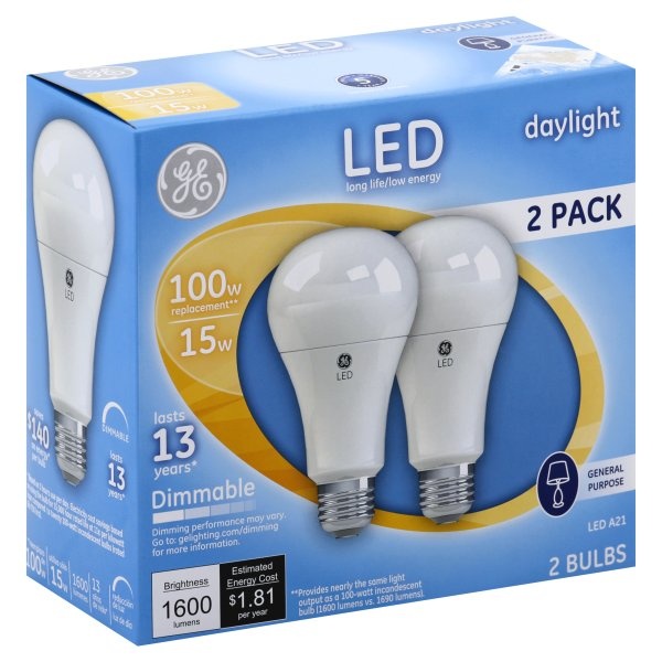 slide 1 of 1, GE Daylight 100W Replacement Led Light Bulb, 2 ct