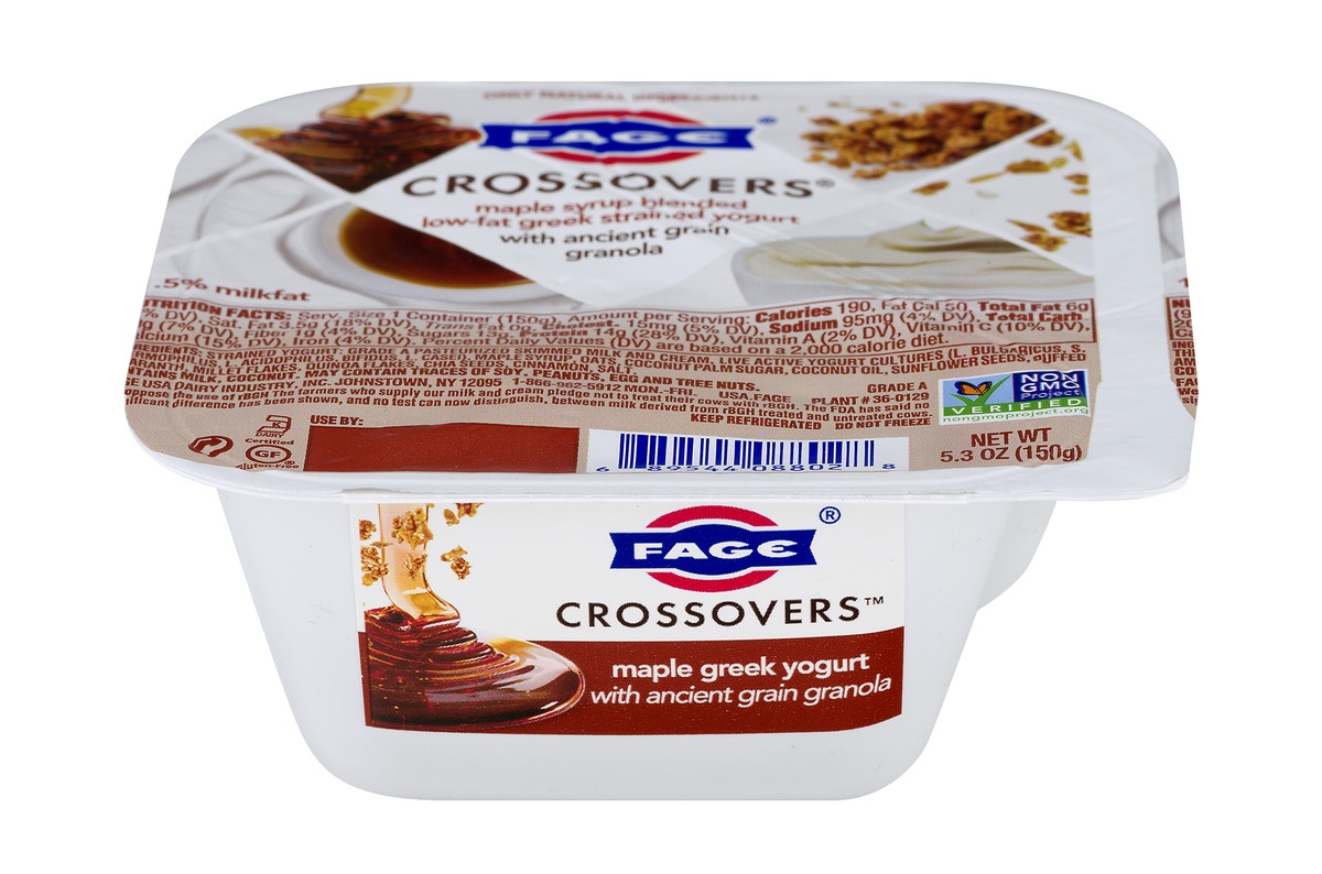 slide 1 of 11, Fage Crossovers Maple Syrup Blended Low-Fat Greek Strained Yogurt With Ancient Grain Granola, 5.3 oz