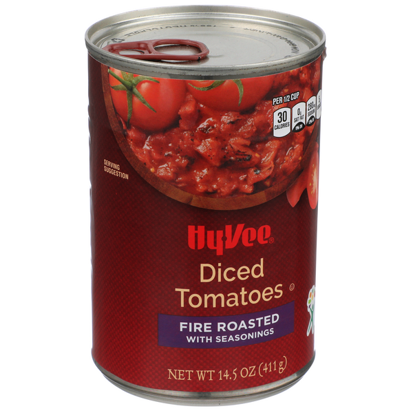 slide 1 of 1, Hy-vee Fired Roasted With Seasonings Diced Tomatoes, 14.5 oz