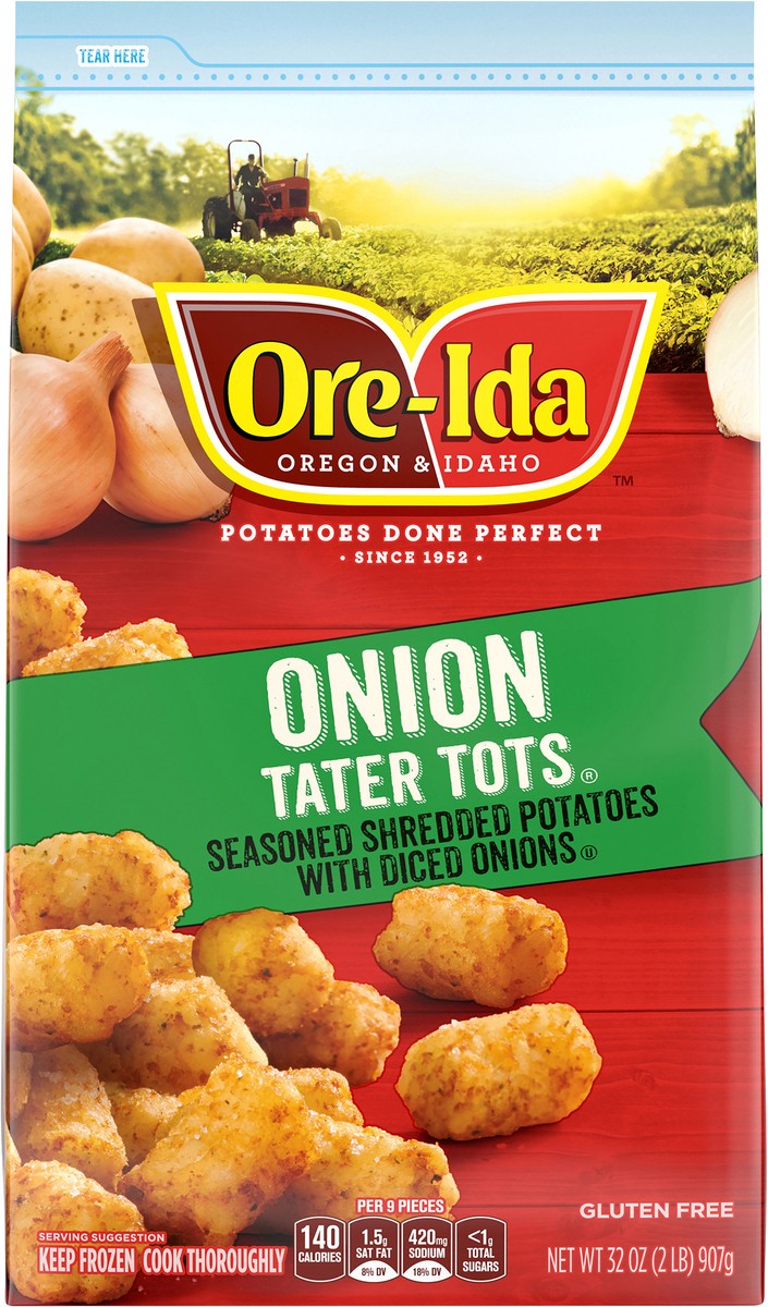 slide 3 of 9, Ore-Ida Onion Tater Tots Seasoned Shredded Frozen Potatoes with Diced Onions, 32 oz Bag, 32 oz