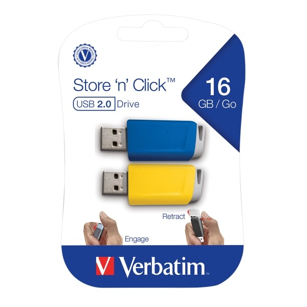 slide 1 of 1, Verbatim Store N Click Usb 2.0 Flash Drive, 16Gb, Blue/Yellow, Pack Of 2 Flash Drives, 2 ct