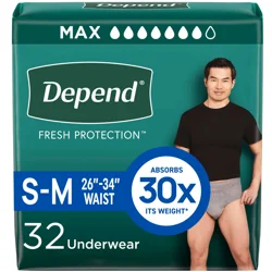 Depend Fresh Protection Adult Incontinence Underwear for Men, Disposable, Maximum, Small/Medium, Grey, 32 Count
