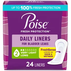 Poise Daily Incontinence Panty Liners, 2 Drop Very Light Absorbency, Long, 24 Count of Pantiliners