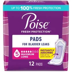 Poise Incontinence & Postpartum Pads for Bladder Leaks, 5 Drop Maximum Absorbency, Long Length, 12 Count