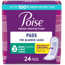 Poise Incontinence &amp; Postpartum Pads for Bladder Leaks, 3 Drop Light Absorbency, Long Length, 24 Count