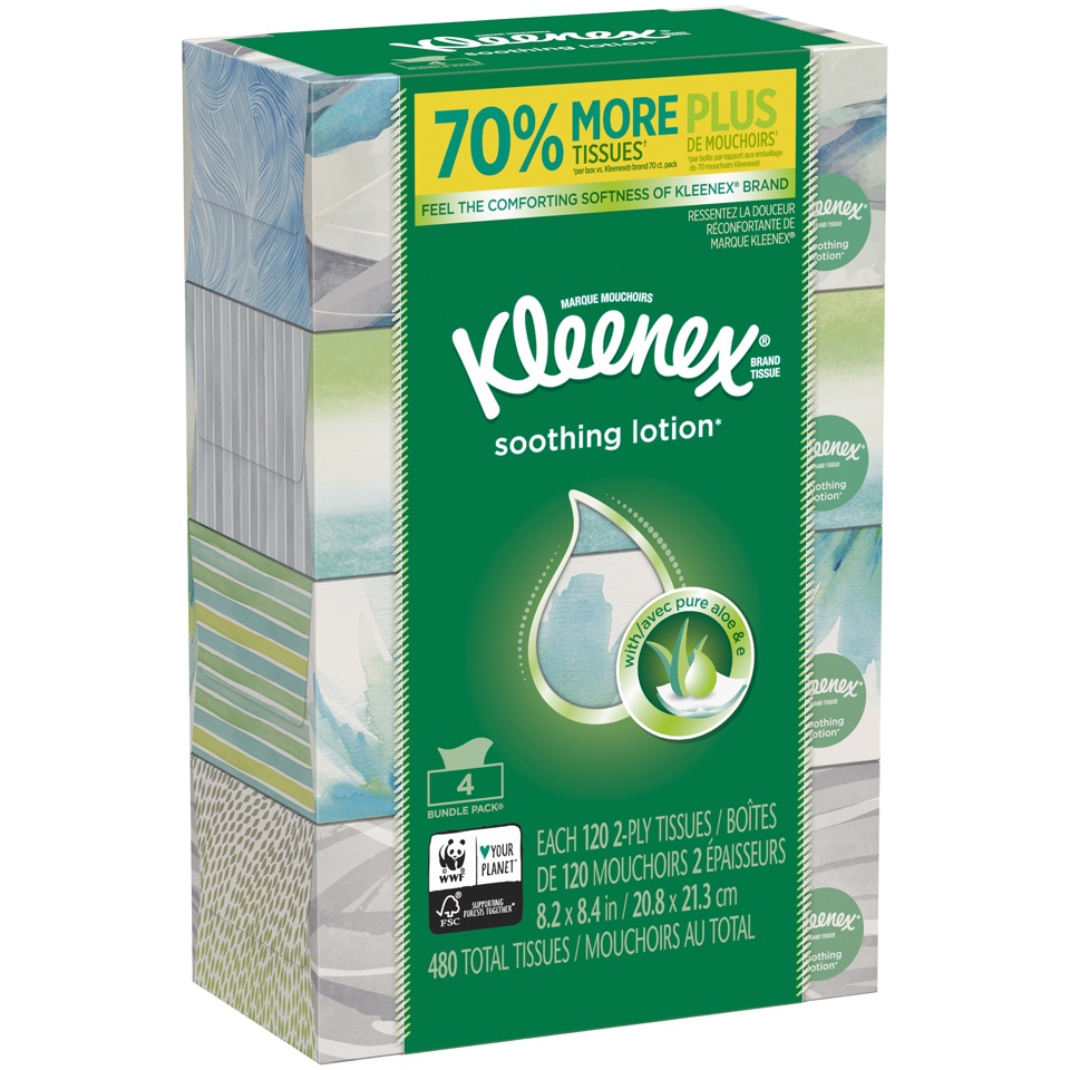 slide 2 of 3, Kleenex Tissues Lotion Aloe & E White 2-Ply Bundle Packs, 4 ct