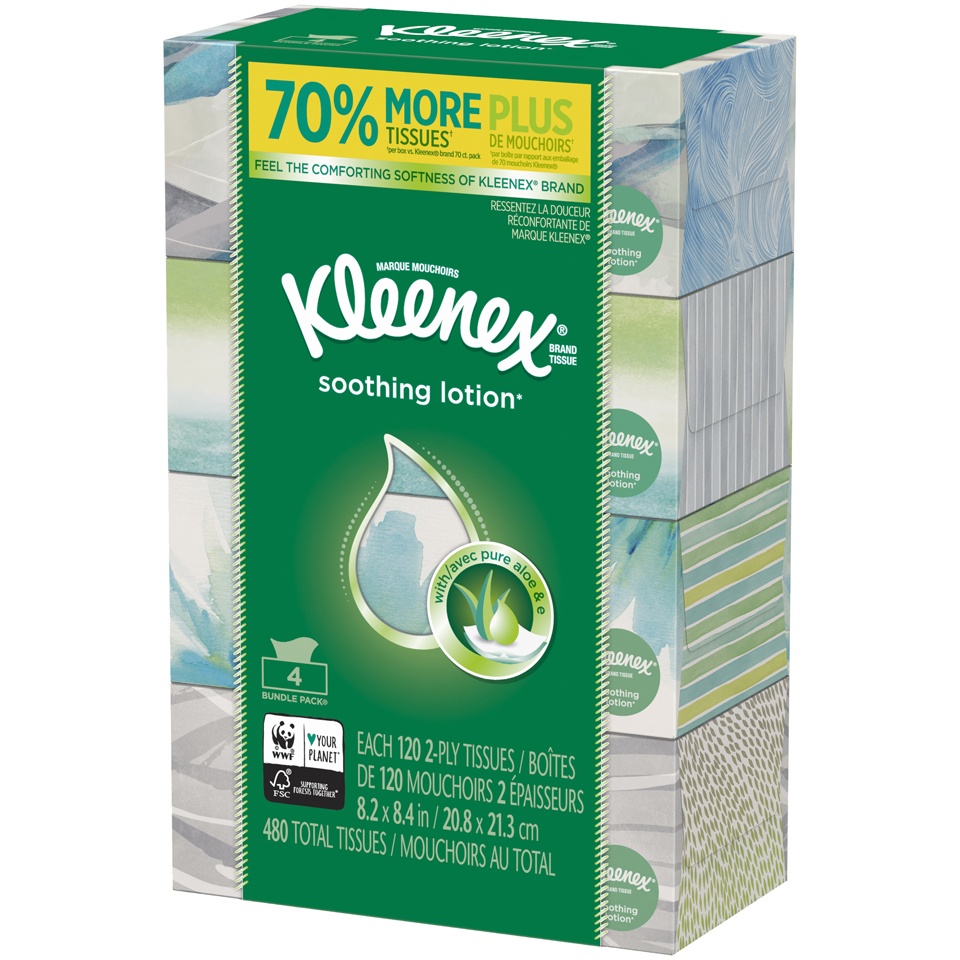 slide 3 of 3, Kleenex Tissues Lotion Aloe & E White 2-Ply Bundle Packs, 4 ct