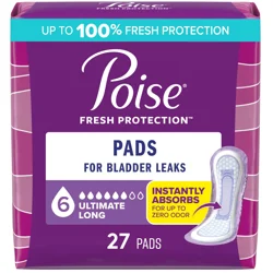 Poise Incontinence &amp; Postpartum Pads for Bladder Leaks, 6 Drop Ultimate Absorbency, Long Length, 27 Count