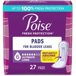 Poise Incontinence & Postpartum Pads for Bladder Leaks, 6 Drop Ultimate Absorbency, Long Length, 27 Count