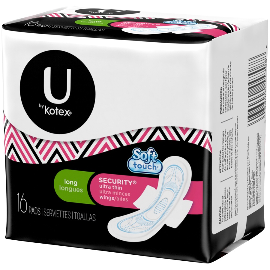 slide 2 of 3, U By Kotex Security Long Unscented Ultra Thin Pads With Wings, 16 ct