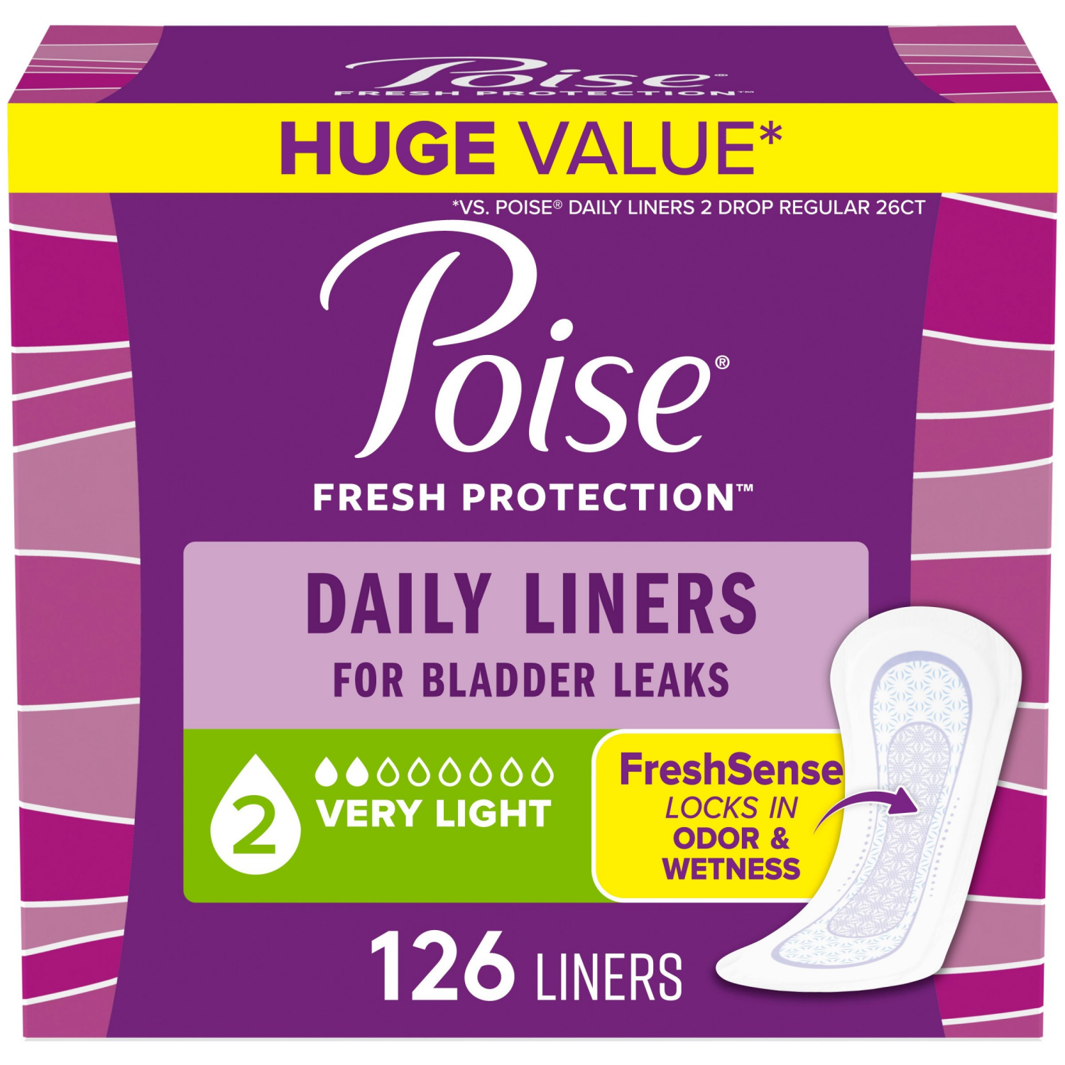 slide 1 of 8, Poise Daily Liners, Incontinence Panty Liners, 2 Drop Very Light Absorbency, Regular Length, 126 Count of Pantiliners, 126 ct