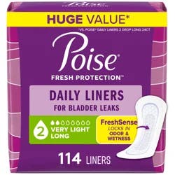 Poise Daily Liners, Incontinence Panty Liners, 2 Drop Very Light Absorbency, Long Length, 114 Count of Pantiliners