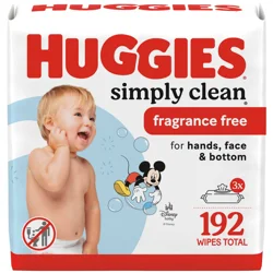 Huggies Simply Clean Fragrance-Free Baby Wipes, Unscented Diaper Wipes, 3 Flip-Top Packs (192 Wipes Total) (Select for More)