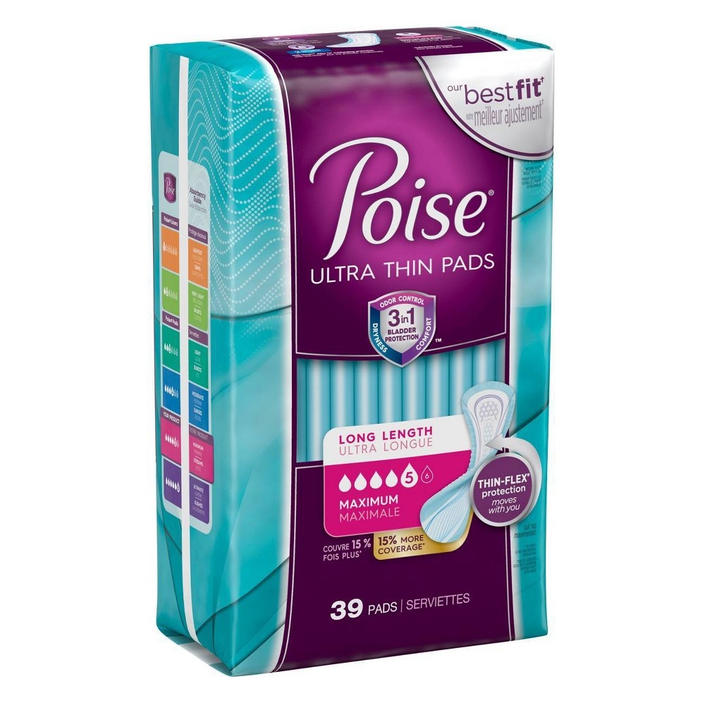 slide 4 of 5, Poise Ultra Thin Long Maximum Absorbency Incontinence Pads, 39 ct