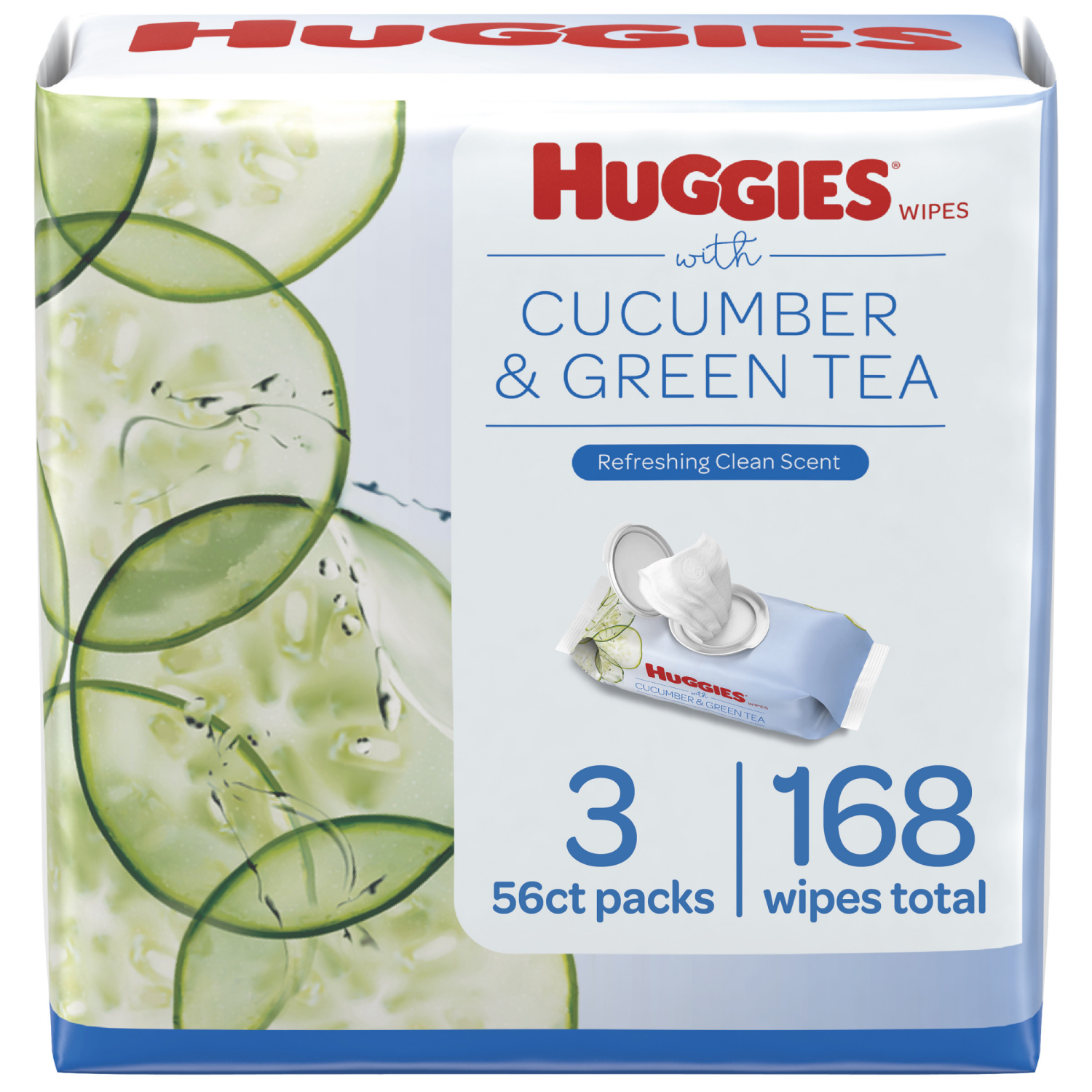 slide 1 of 7, Huggies Scented Cucumber & Green Tea Wipes, 3 Flip-Top Packs (168 Wipes Total), 168 ct