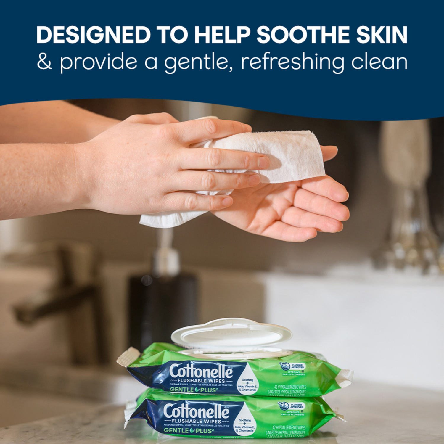 slide 7 of 8, Cottonelle GentlePlus Flushable Wet Wipes with Aloe & Vitamin E, Adult Wet Wipes, 4 Flip-Top Packs, 42 Wipes per Pack (168 Total Flushable Wipes), 4 ct