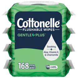Cottonelle GentlePlus Flushable Wet Wipes with Aloe & Vitamin E, Adult Wet Wipes, 4 Flip-Top Packs, 42 Wipes per Pack (168 Total Flushable Wipes)