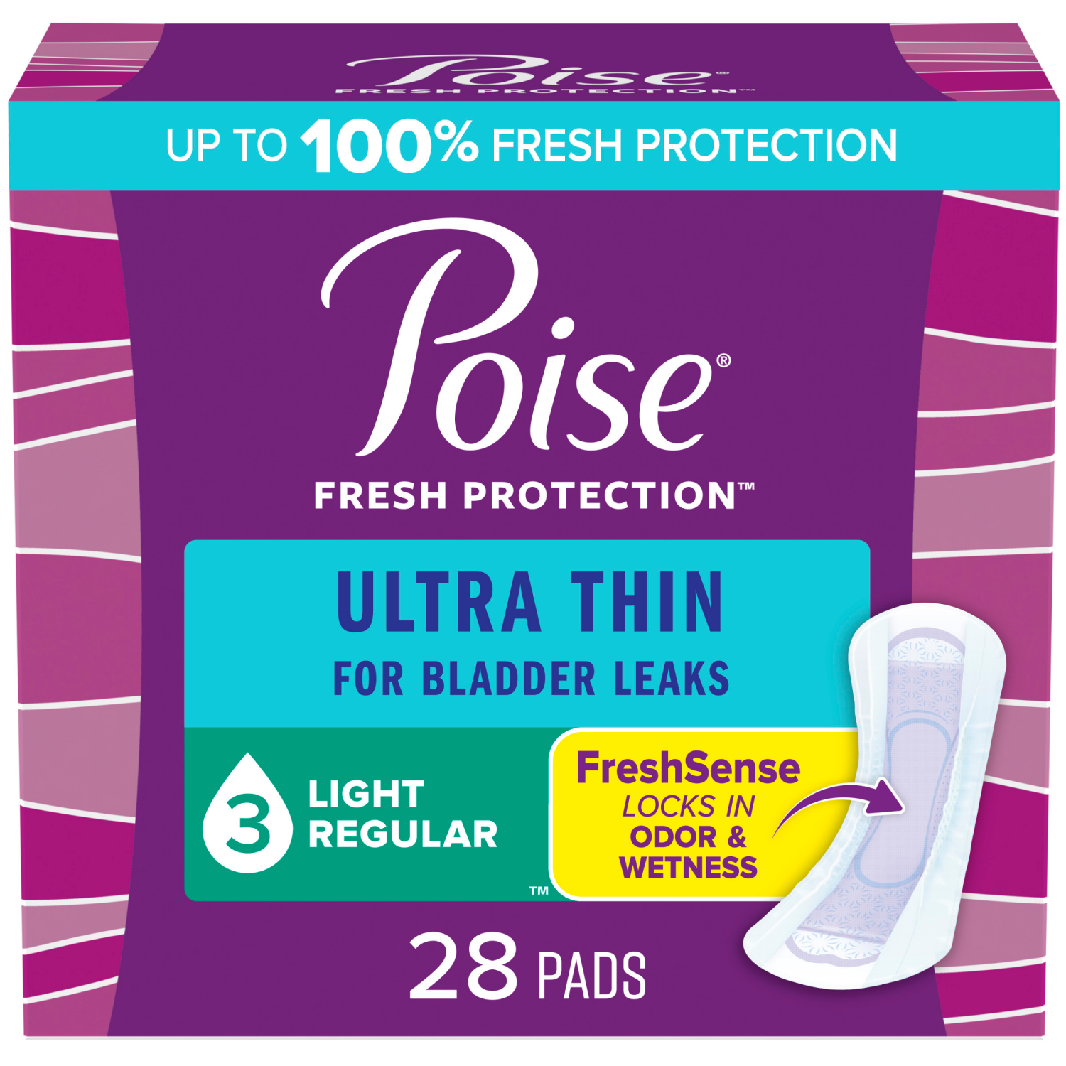 slide 1 of 7, Poise Ultra Thin Incontinence Pads & Postpartum Pads for Bladder Leaks, 3 Drop Light Absorbency, Regular Length, 28 Count, 28 ct