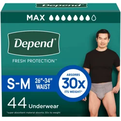 Depend Fresh Protection Adult Incontinence Underwear for Men, Disposable, Maximum, Small/Medium, Grey, 44 Count