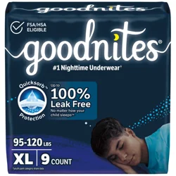 Goodnites Boys' Nighttime Bedwetting Underwear, Size Extra Large (95-140+ lbs), 9 Ct