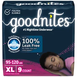 Goodnites Girls' Nighttime Bedwetting Underwear, Size Extra Large (95-140+ lb.), 9 Ct
