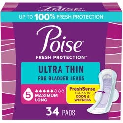 Poise Ultra Thin Incontinence & Postpartum Pads with Wings for Bladder Leaks, 5 Drop Maximum Absorbency, Long Length, 34 Count