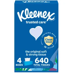 Kleenex Trusted Care Facial Tissues, 4 Flat Boxes, 160 Tissues per Box, 2-Ply (640 Total Tissues)