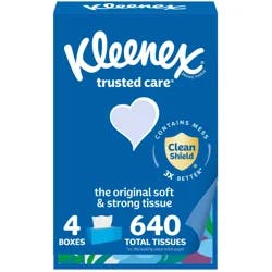 Kleenex Trusted Care Facial Tissues, 4 Flat Boxes, 160 Tissues per Box, 2-Ply (640 Total Tissues)