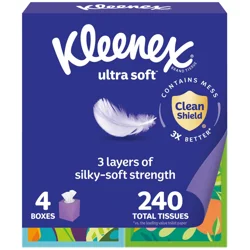 Kleenex Ultra Soft Facial Tissues, 4 Cube Boxes, 60 Tissues per Box, 3-Ply (240 Total Tissues)