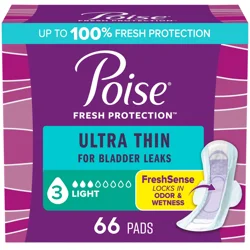 Poise Ultra Thin Incontinence & Postpartum Pads with Wings for Bladder Leaks, 3 Drop Light Absorbency, Regular Length, 66 Count