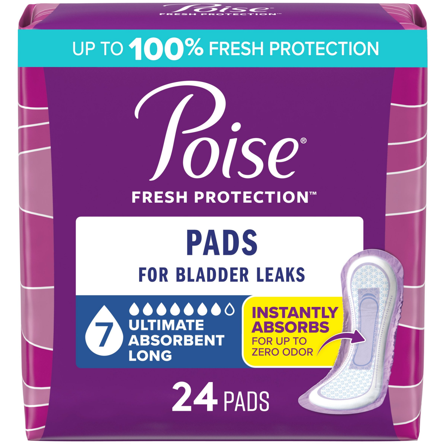 slide 1 of 7, Poise Incontinence & Postpartum Pads for Bladder Leaks, 7 Drop Ultra Absorbency, Long Length, 24 Count, 24 ct