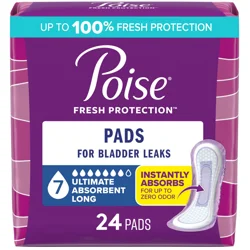 Poise Incontinence & Postpartum Pads for Bladder Leaks, 7 Drop Ultra Absorbency, Long Length, 24 Count