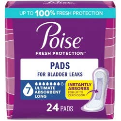 Poise Incontinence & Postpartum Pads for Bladder Leaks, 7 Drop Ultra Absorbency, Long Length, 24 Count