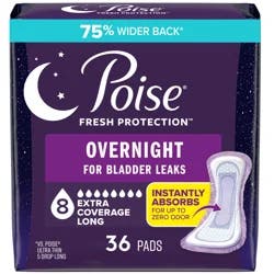 Poise Overnight Incontinence & Postpartum Pads for Bladder Leaks, 8 Drop Extra Coverage, 36 Count